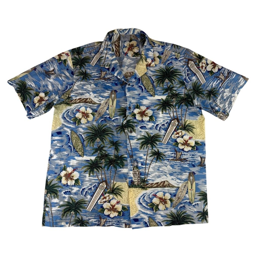 Royal Creations Hawaiian Shirt Mens XXL Blue Surfboard Palm Tree Hibiscus Print